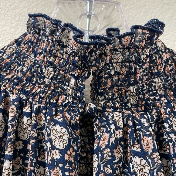 (NEW) CODE MODE Ruffled Sleeveless Smock Neck Floral Dress, Navy/Pink - L - Picture 7 of 10